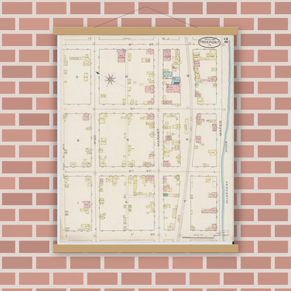 Old map wall art mockup — magnetic wood frame on brick wall — Sanborn Fire Insurance Map from Freeport, Armstrong County, Pennsylvania (1886), Sheet #0002