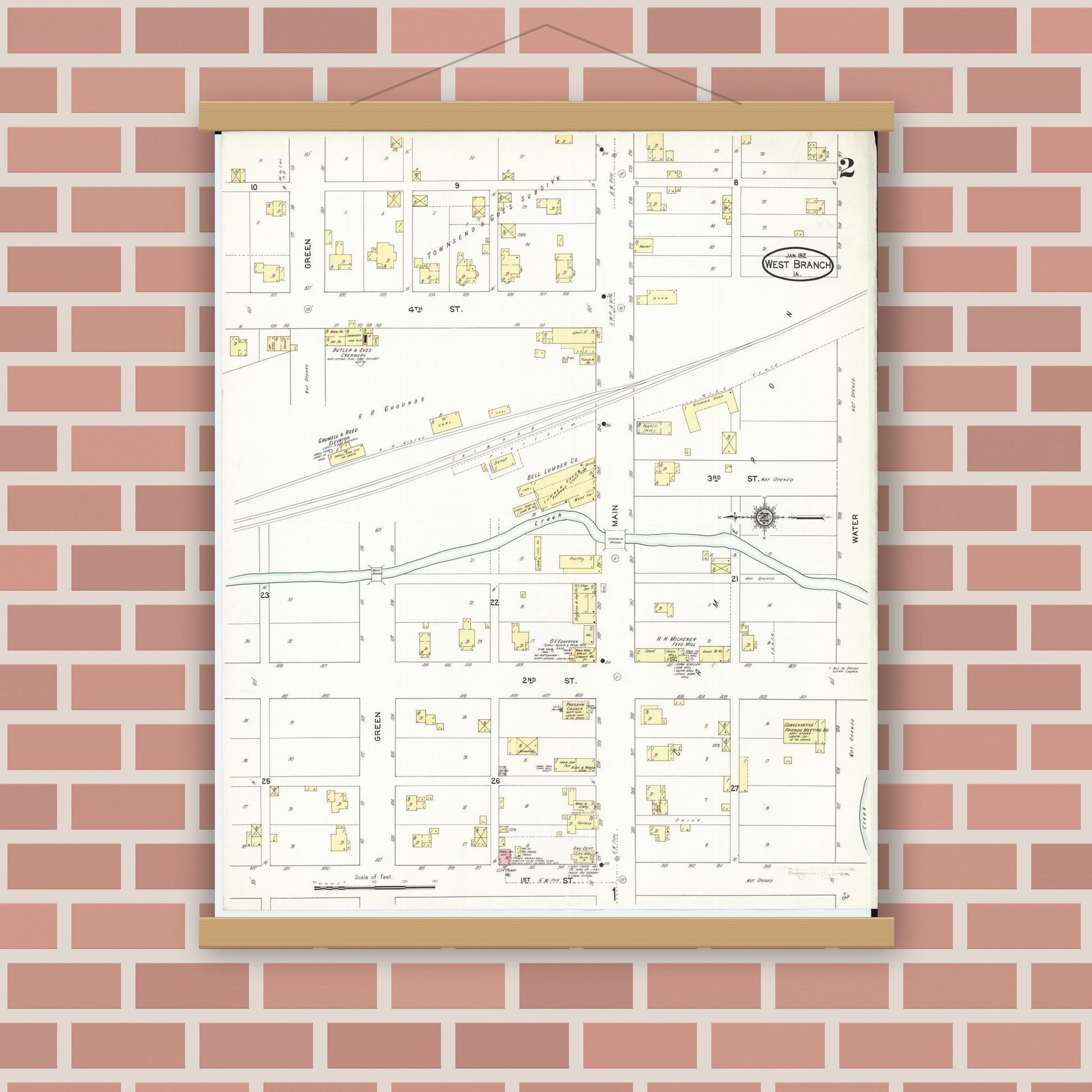 Old map wall art mockup — magnetic wood frame on brick wall — Sanborn Fire Insurance Map from West Branch, Cedar County, Iowa (1912), Sheet #0002
