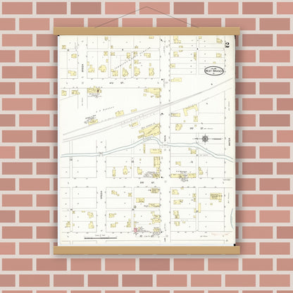 Old map wall art mockup — magnetic wood frame on brick wall — Sanborn Fire Insurance Map from West Branch, Cedar County, Iowa (1912), Sheet #0002