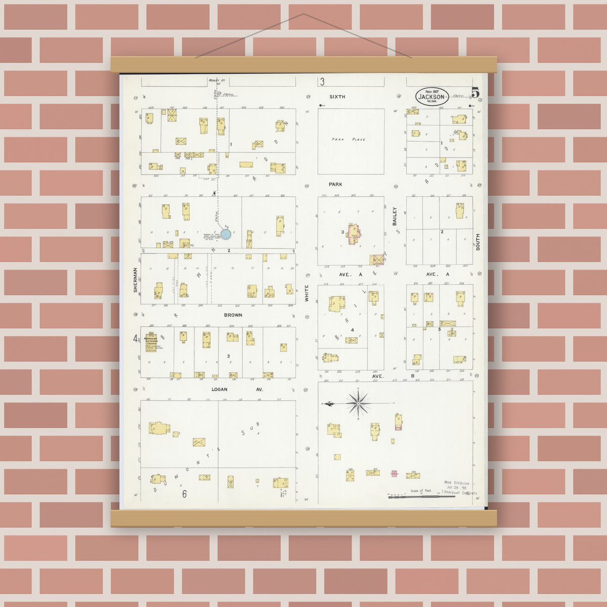 Old map wall art mockup — magnetic wood frame on brick wall — Sanborn Fire Insurance Map from Jackson, Jackson County, Minnesota (1907), Sheet #0005