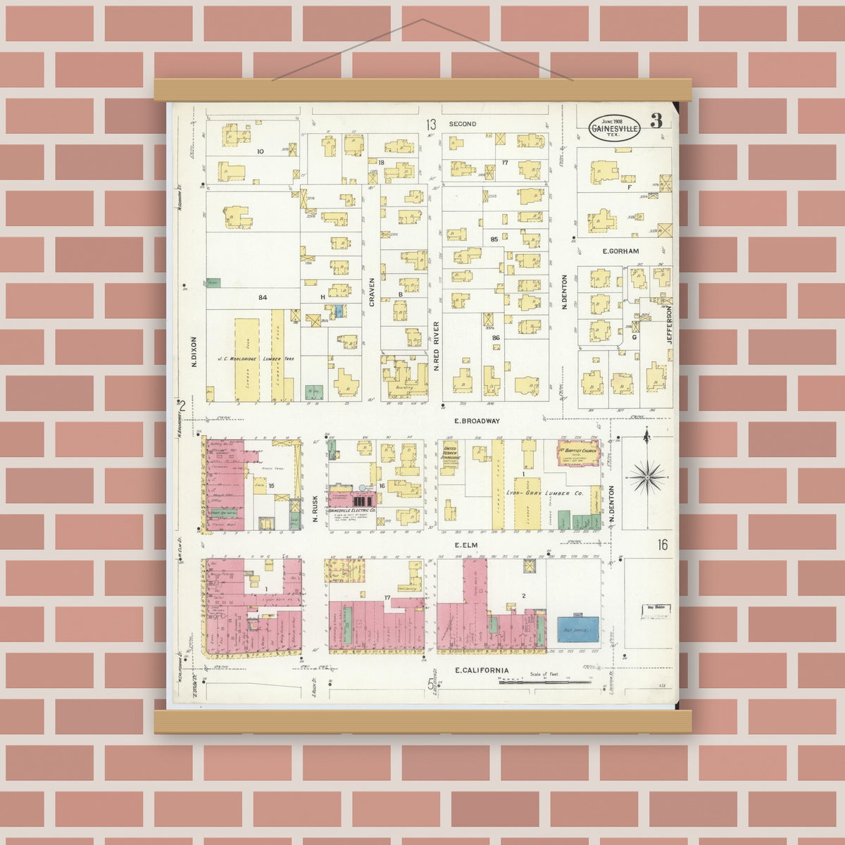 Old map wall art mockup — magnetic wood frame on brick wall — Sanborn Fire Insurance Map from Gainesville, Cooke County, Texas (1908), Sheet #0003