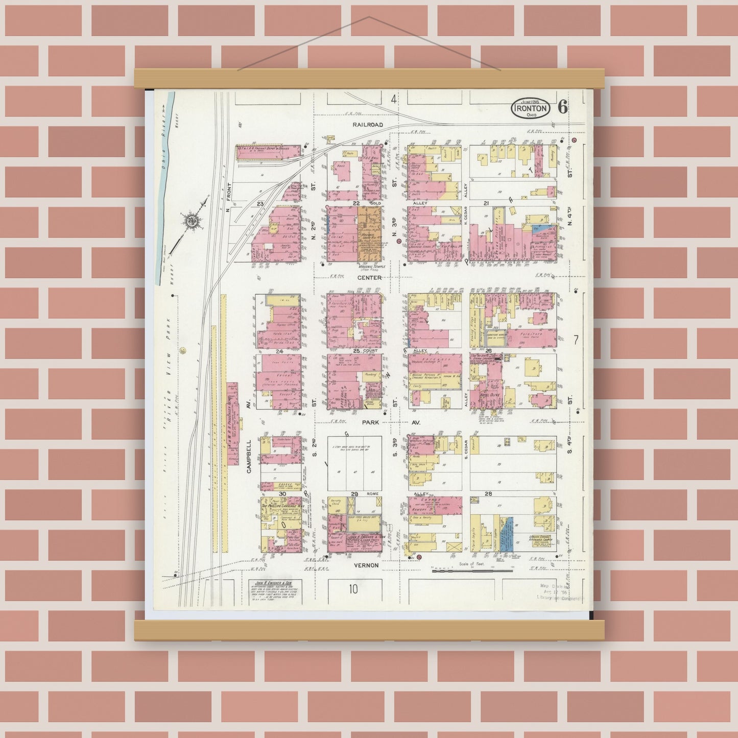 Old map wall art mockup — magnetic wood frame on brick wall — Sanborn Fire Insurance Map from Ironton, Lawrence County, Ohio (1916), Sheet #0006