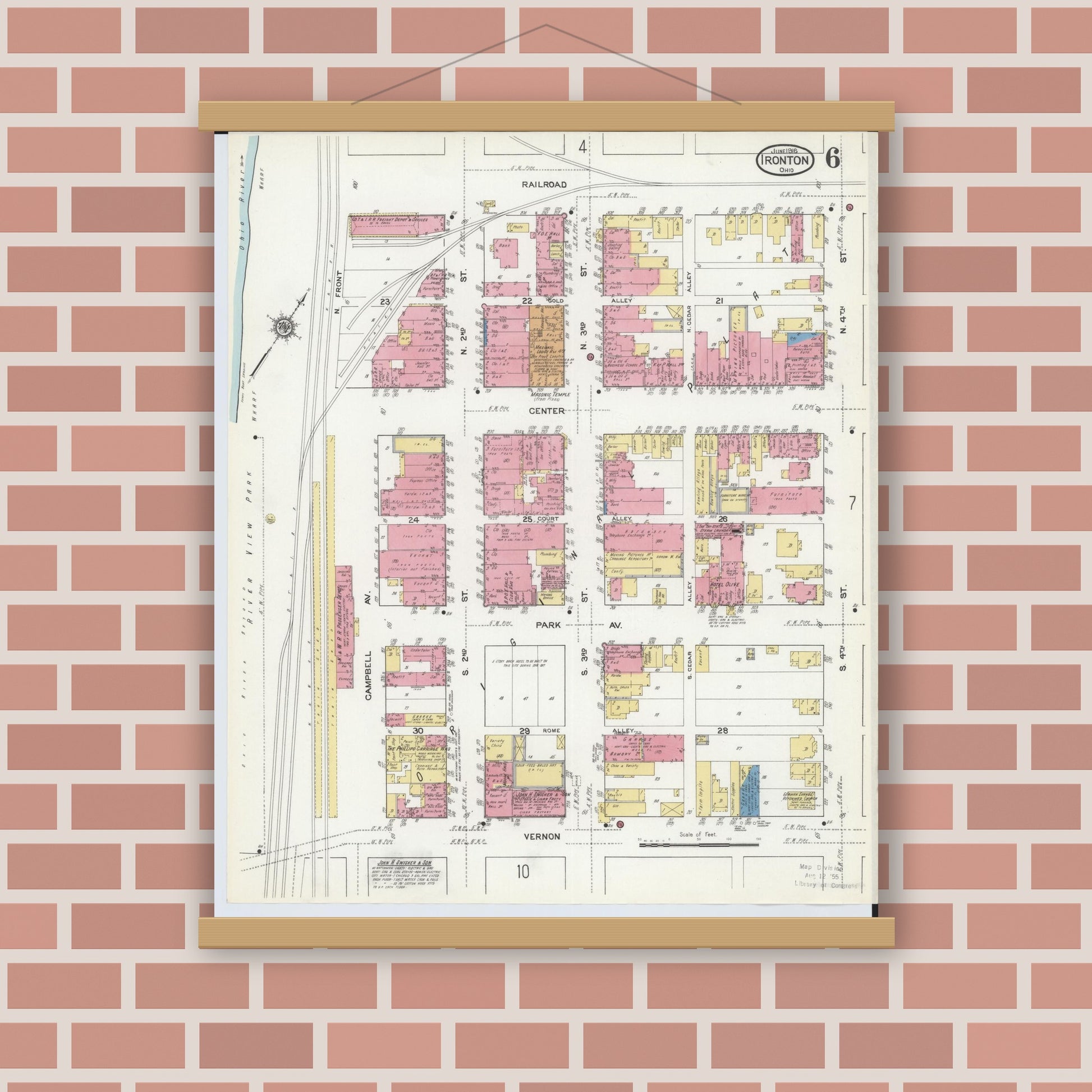 Old map wall art mockup — magnetic wood frame on brick wall — Sanborn Fire Insurance Map from Ironton, Lawrence County, Ohio (1916), Sheet #0006