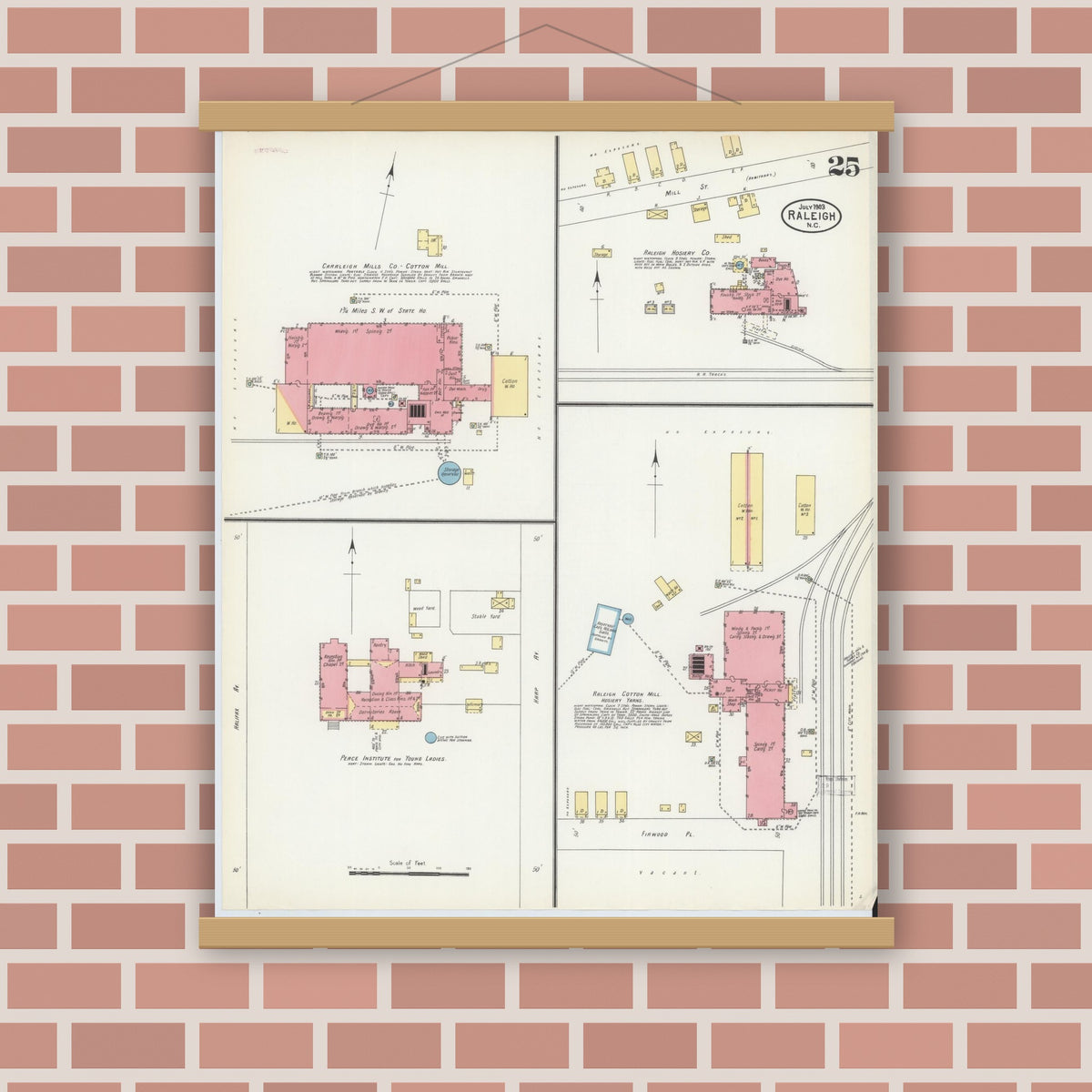 Old map wall art mockup — magnetic wood frame on brick wall — Sanborn Fire Insurance Map from Raleigh, Wake County, North Carolina (1903), Sheet #0025