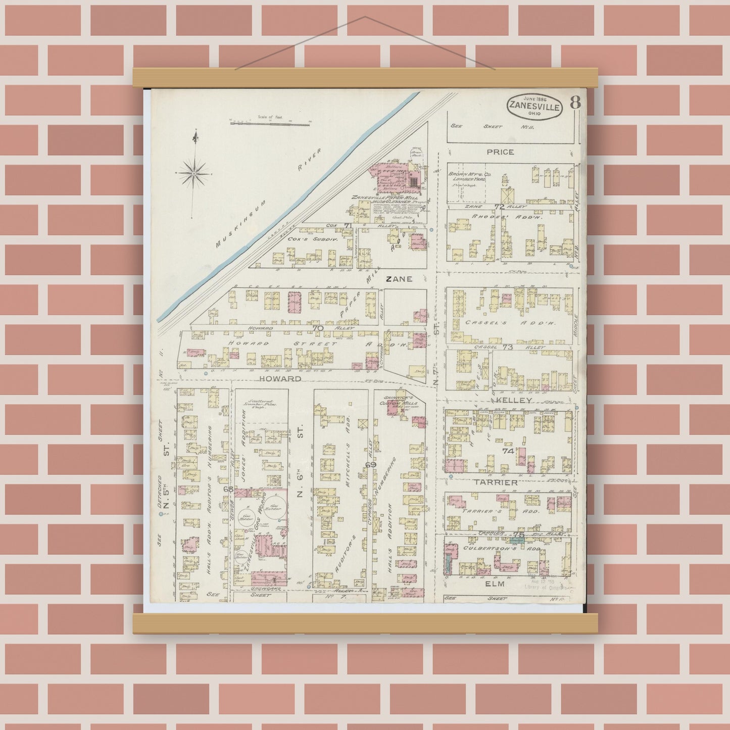 Old map wall art mockup — magnetic wood frame on brick wall — Sanborn Fire Insurance Map from Zanesville, Muskingum County, Ohio (1886), Sheet #0008