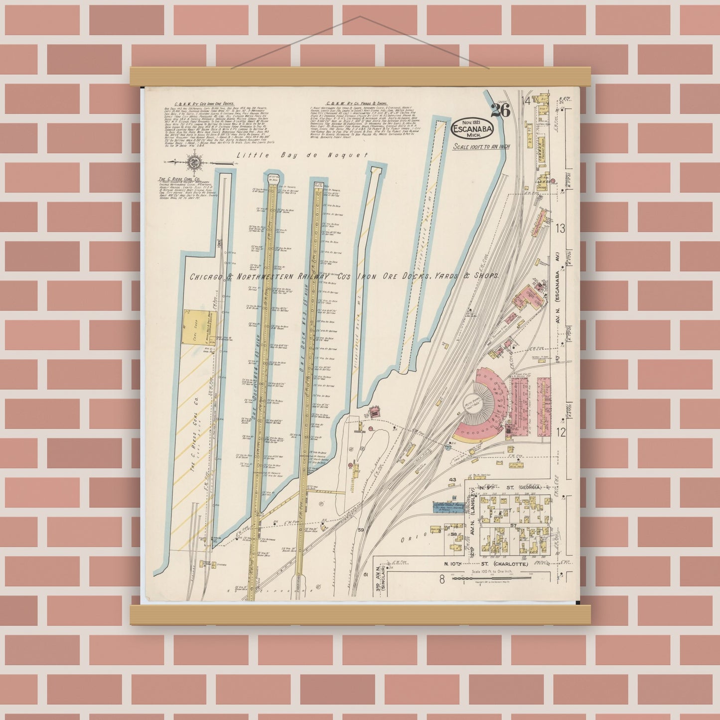 Old map wall art mockup — magnetic wood frame on brick wall — Sanborn Fire Insurance Map from Escanaba, Delta County, Michigan (1921), Sheet #0026