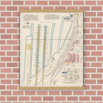 Old map wall art mockup — magnetic wood frame on brick wall — Sanborn Fire Insurance Map from Escanaba, Delta County, Michigan (1921), Sheet #0026