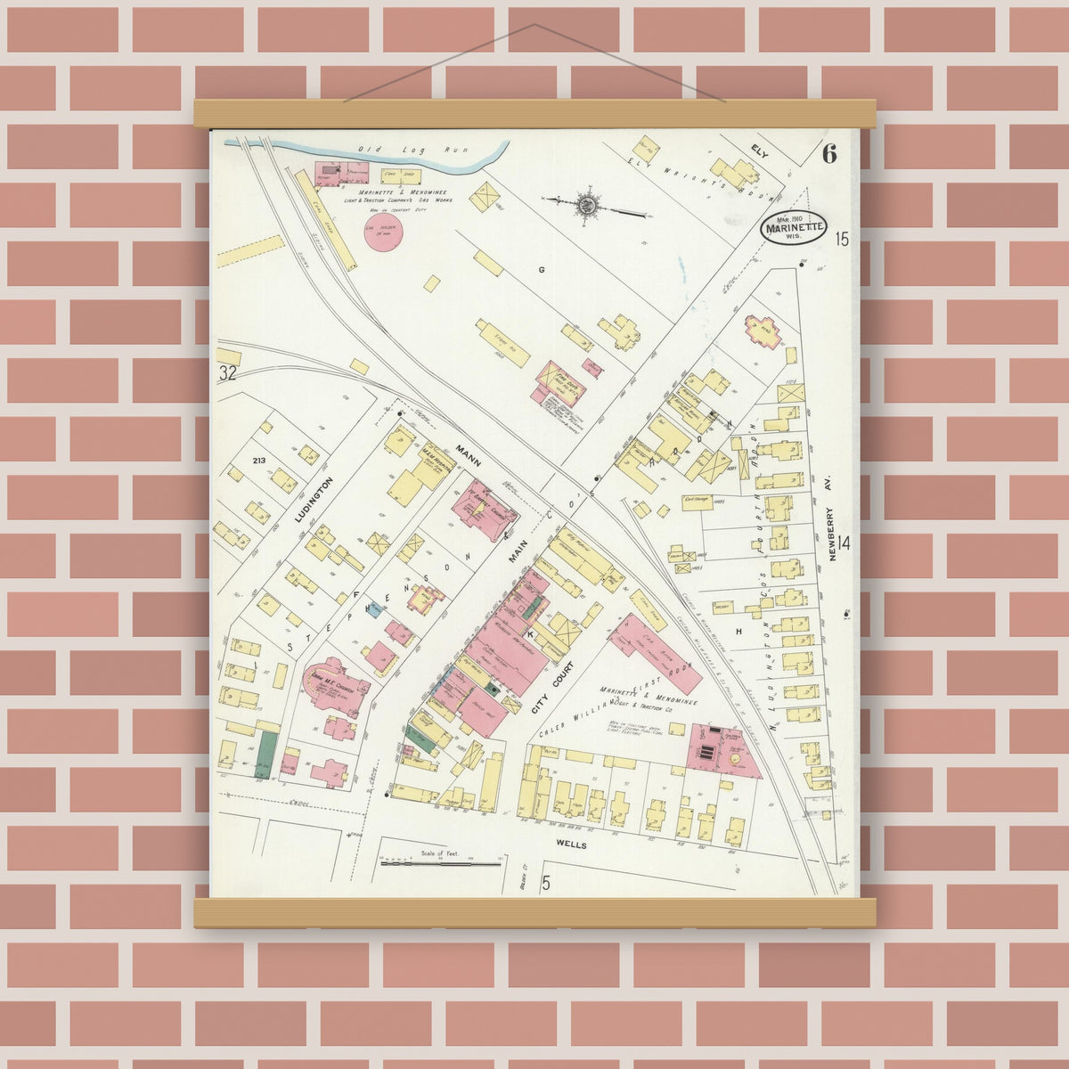 Old map wall art mockup — magnetic wood frame on brick wall — Sanborn Fire Insurance Map from Marinette, Marinette County, Wisconsin (1910), Sheet #0006