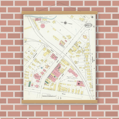Old map wall art mockup — magnetic wood frame on brick wall — Sanborn Fire Insurance Map from Marinette, Marinette County, Wisconsin (1910), Sheet #0006