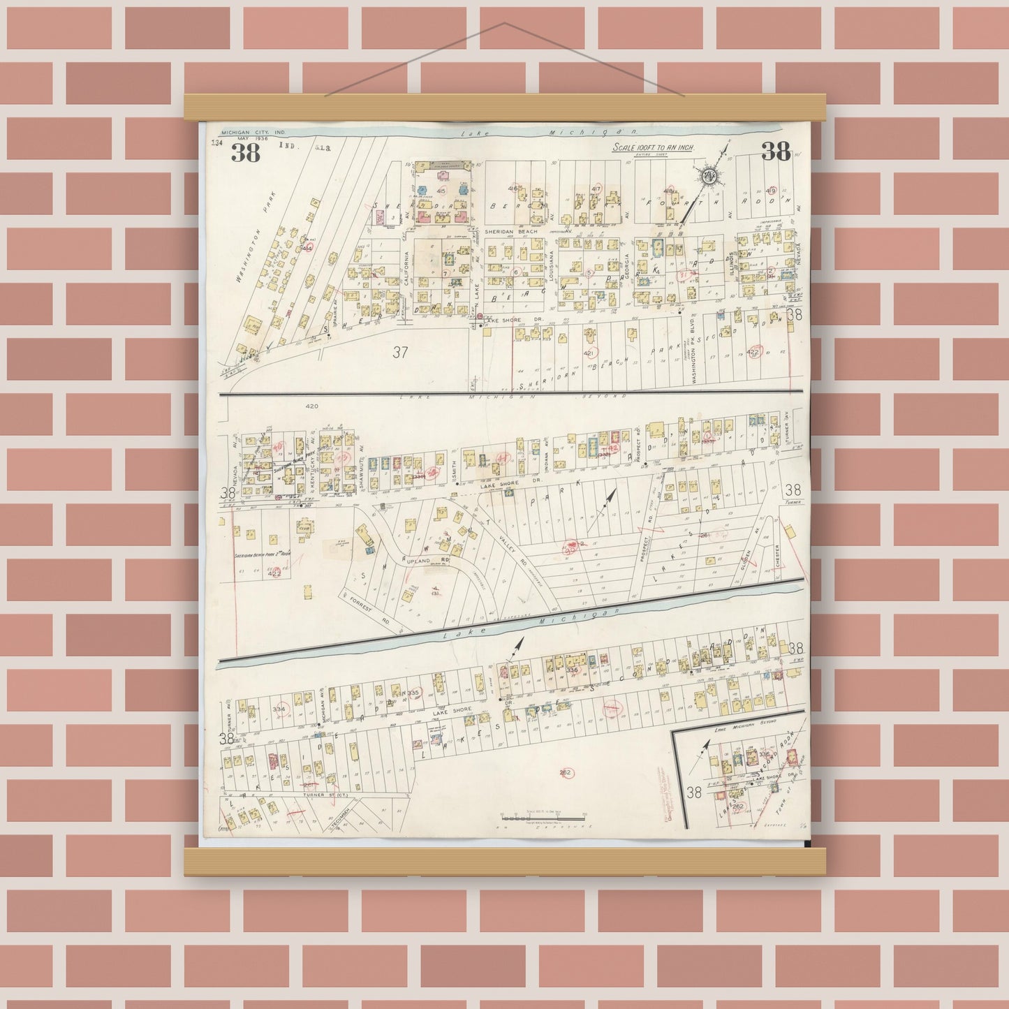 Old map wall art mockup — magnetic wood frame on brick wall — Sanborn Fire Insurance Map from Michigan City, La Porte County, Indiana (1948), Sheet #0038
