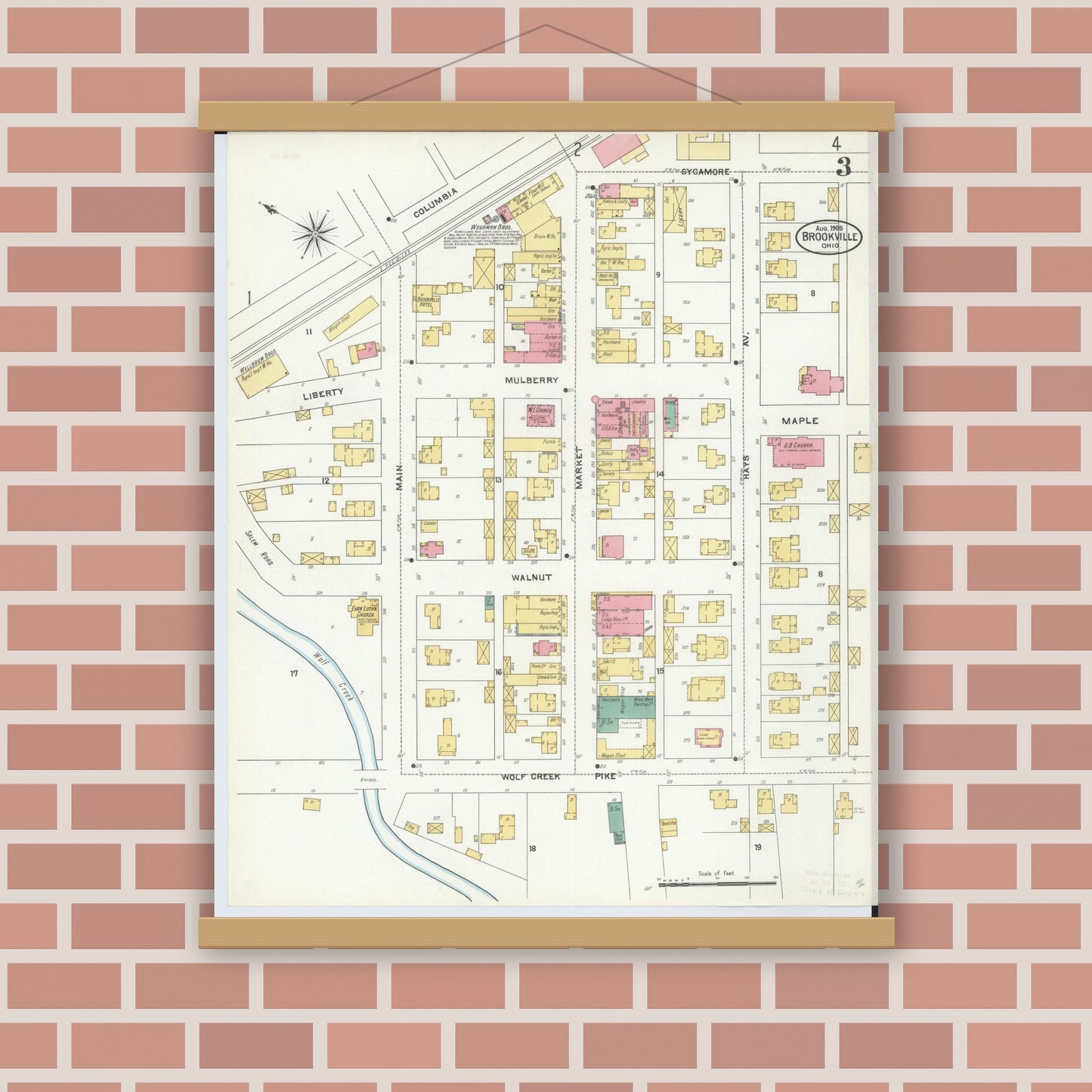 Old map wall art mockup — magnetic wood frame on brick wall — Sanborn Fire Insurance Map from Brookville, Montgomery County, Ohio (1905), Sheet #0003