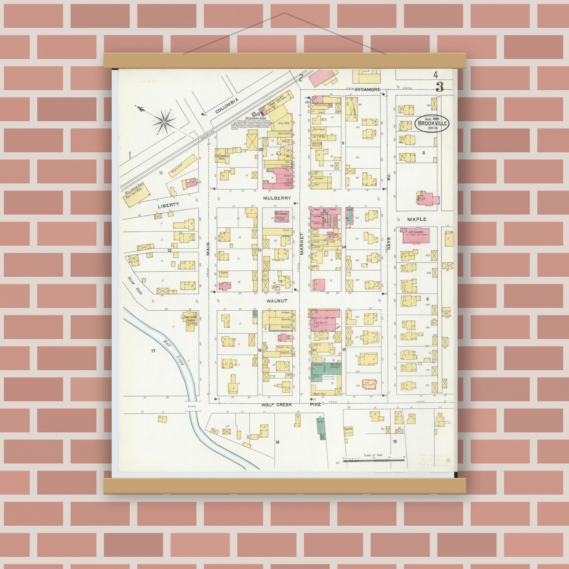 Old map wall art mockup — magnetic wood frame on brick wall — Sanborn Fire Insurance Map from Brookville, Montgomery County, Ohio (1905), Sheet #0003