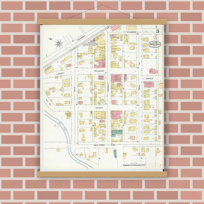 Old map wall art mockup — magnetic wood frame on brick wall — Sanborn Fire Insurance Map from Brookville, Montgomery County, Ohio (1905), Sheet #0003