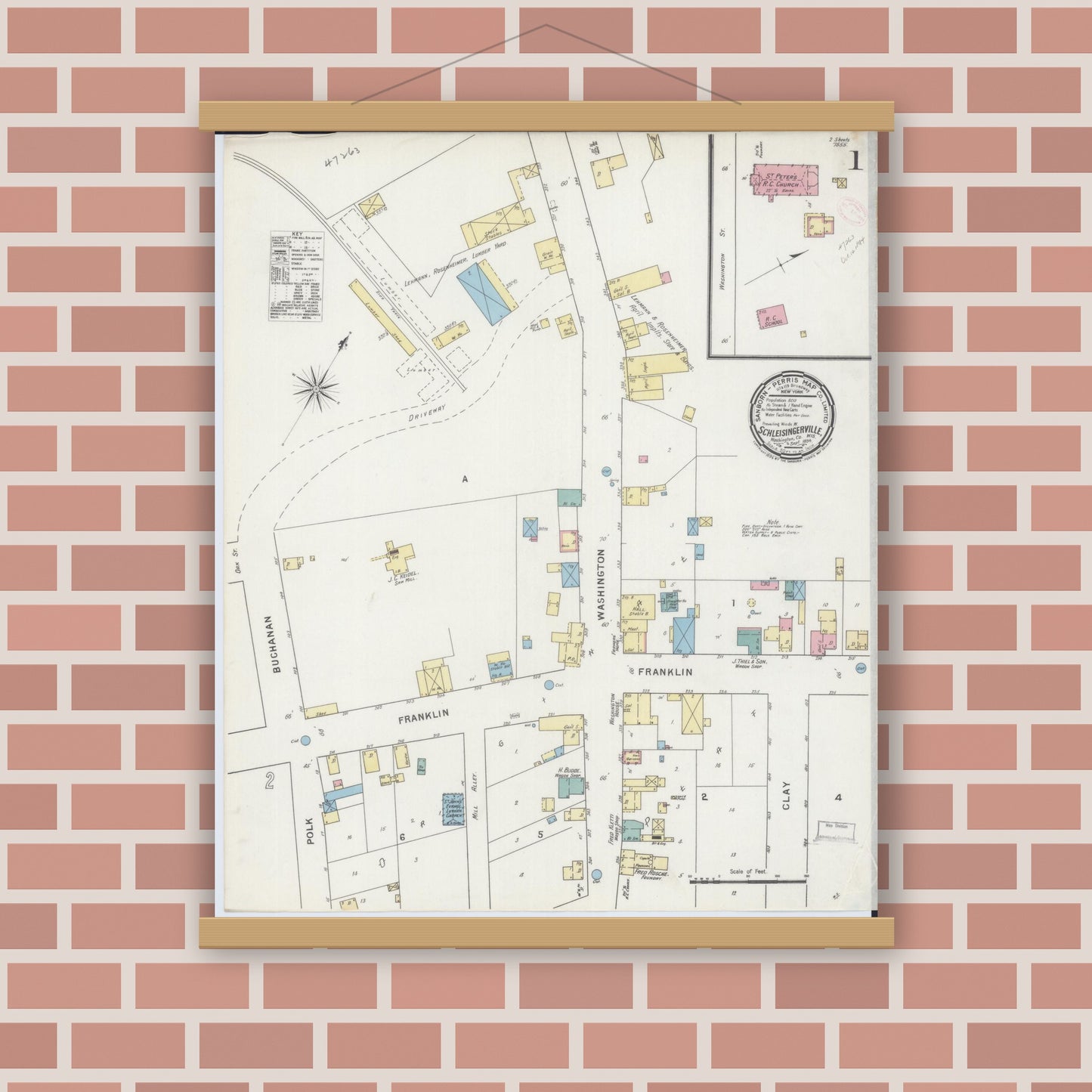 Old map wall art mockup — magnetic wood frame on brick wall — Sanborn Fire Insurance Map from Schleisingerville, Washington County, Wisconsin (1894) - Complete Map Set