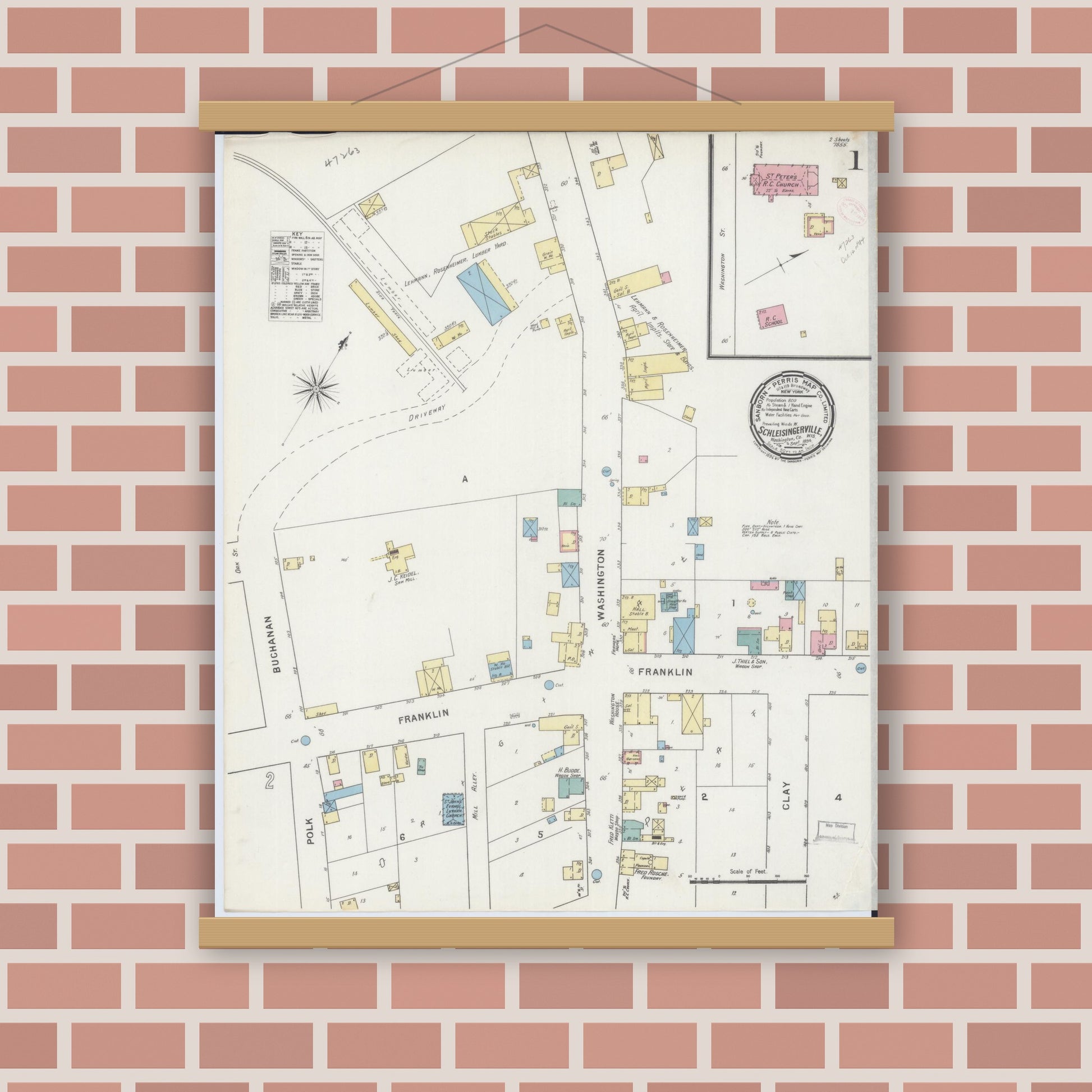 Old map wall art mockup — magnetic wood frame on brick wall — Sanborn Fire Insurance Map from Schleisingerville, Washington County, Wisconsin (1894) - Complete Map Set
