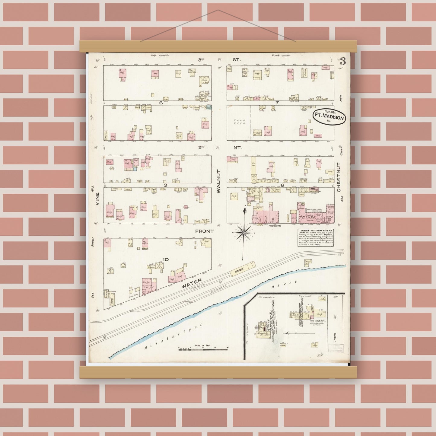 Old map wall art mockup — magnetic wood frame on brick wall — Sanborn Fire Insurance Map from Fort Madison, Lee County, Iowa (1884), Sheet #0003