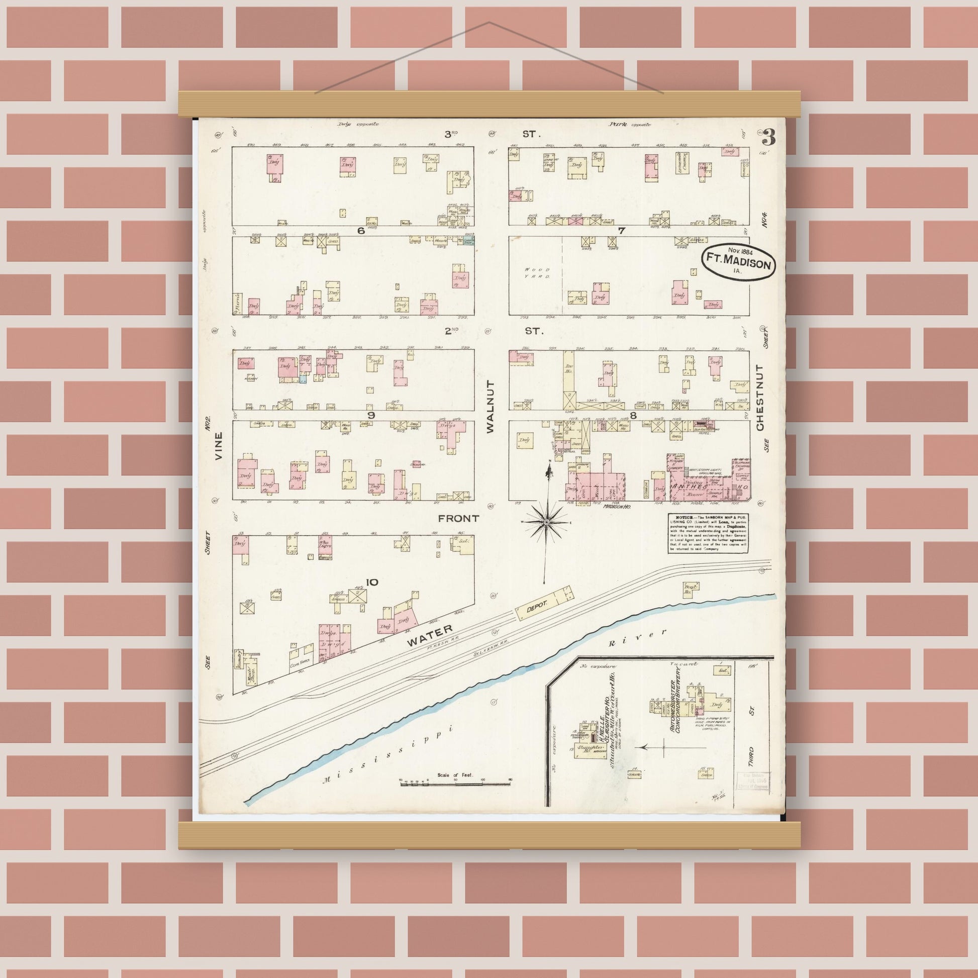 Old map wall art mockup — magnetic wood frame on brick wall — Sanborn Fire Insurance Map from Fort Madison, Lee County, Iowa (1884), Sheet #0003