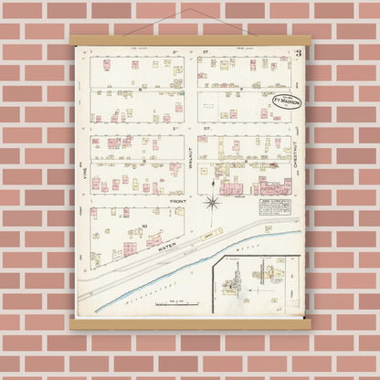 Old map wall art mockup — magnetic wood frame on brick wall — Sanborn Fire Insurance Map from Fort Madison, Lee County, Iowa (1884), Sheet #0003