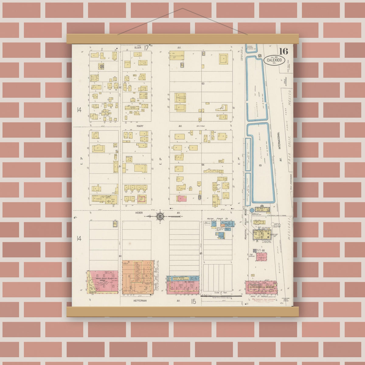 Old map wall art mockup — magnetic wood frame on brick wall — Sanborn Fire Insurance Map from Calexico, Imperial County, California (1920), Sheet #0016