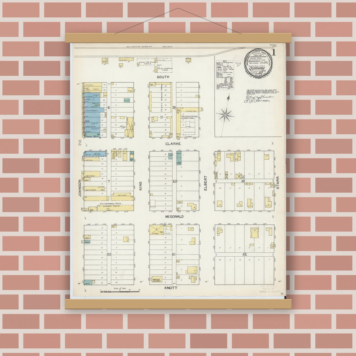Old map wall art mockup — magnetic wood frame on brick wall — Sanborn Fire Insurance Map from Quanah, Hardeman County, Texas (1892) - Complete Map Set