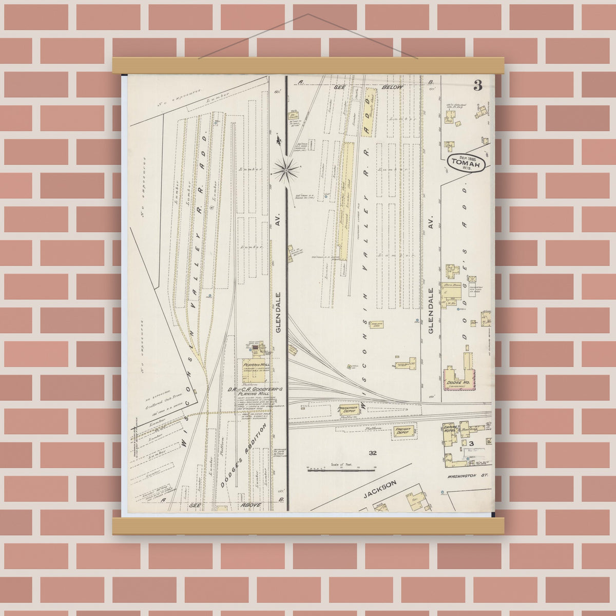 Old map wall art mockup — magnetic wood frame on brick wall — Sanborn Fire Insurance Map from Tomah, Monroe County, Wisconsin (1885), Sheet #0003
