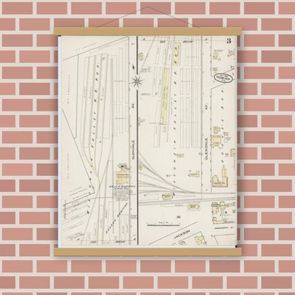 Old map wall art mockup — magnetic wood frame on brick wall — Sanborn Fire Insurance Map from Tomah, Monroe County, Wisconsin (1885), Sheet #0003