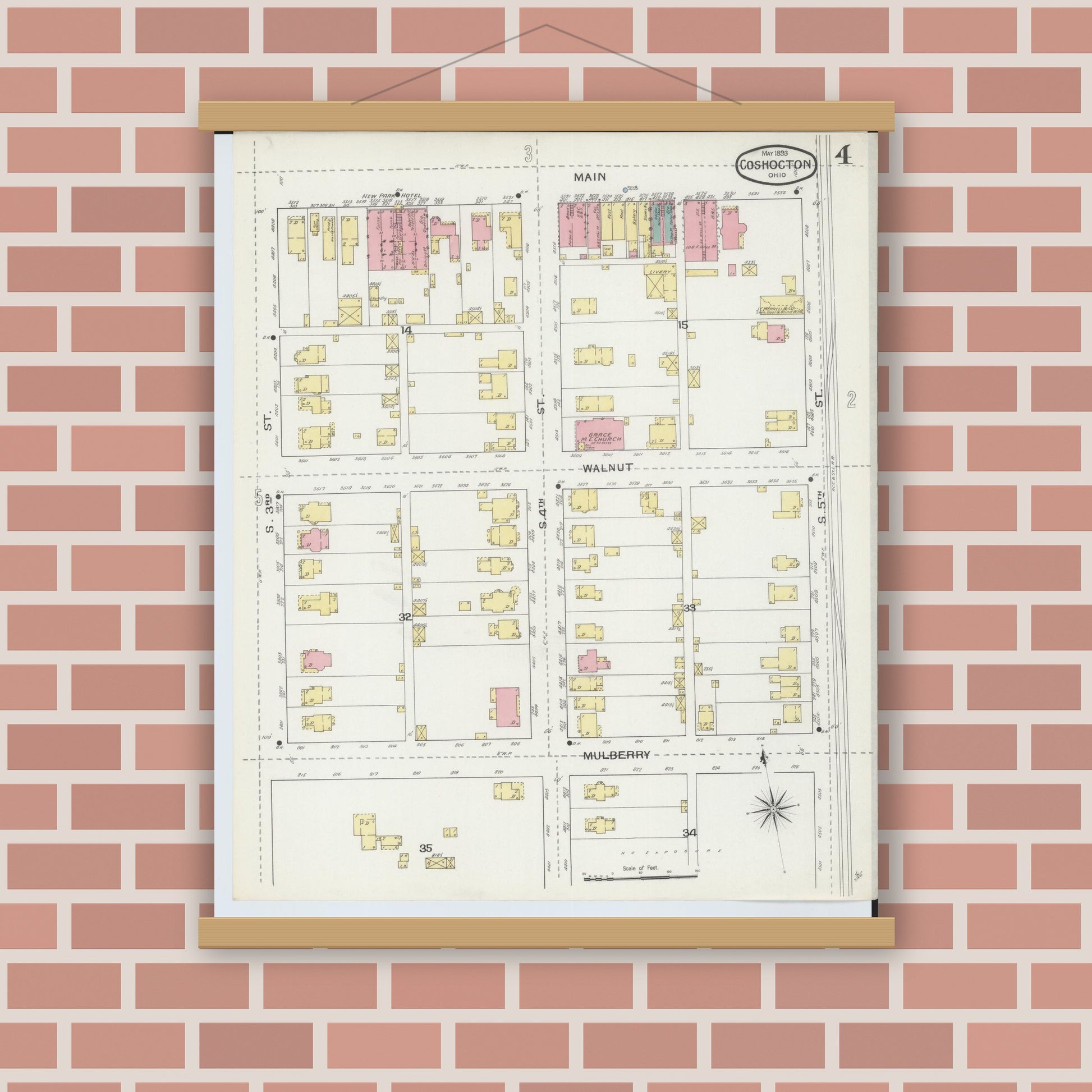 Old map wall art mockup — magnetic wood frame on brick wall — Sanborn Fire Insurance Map from Coshocton, Coshocton County, Ohio (1893), Sheet #0004
