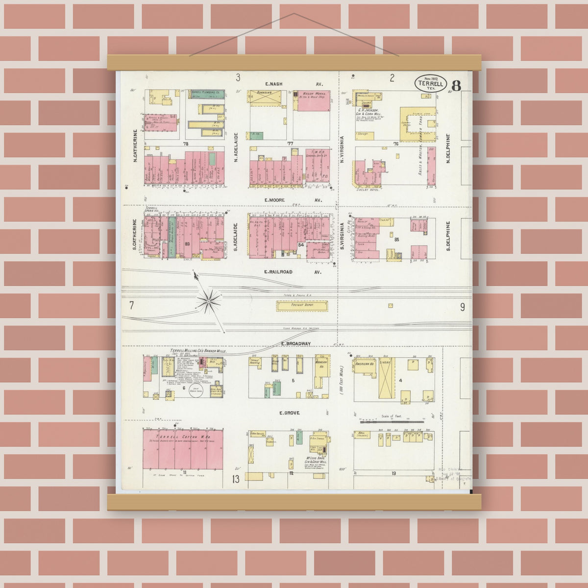 Old map wall art mockup — magnetic wood frame on brick wall — Sanborn Fire Insurance Map from Terrell, Kaufman County, Texas (1902), Sheet #0008