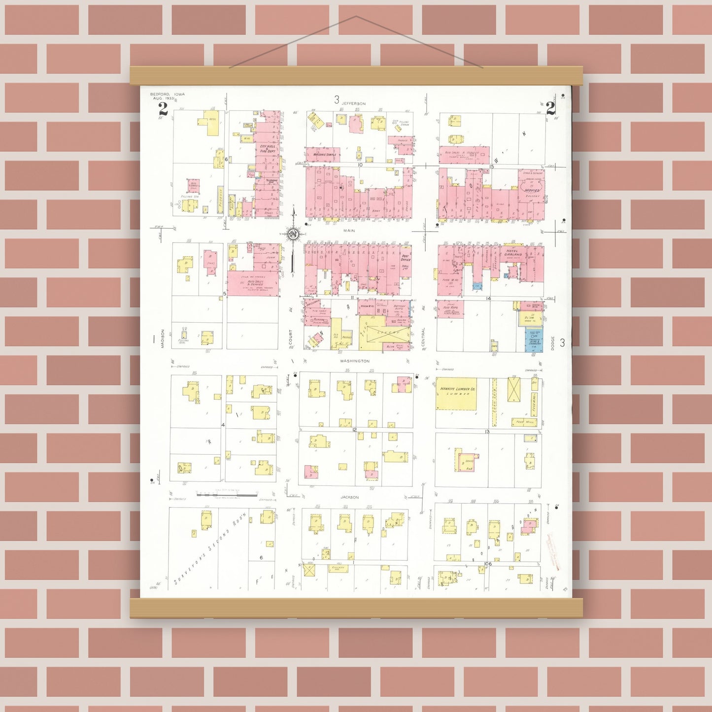 Old map wall art mockup — magnetic wood frame on brick wall — Sanborn Fire Insurance Map from Bedford, Taylor County, Iowa (1933), Sheet #0002