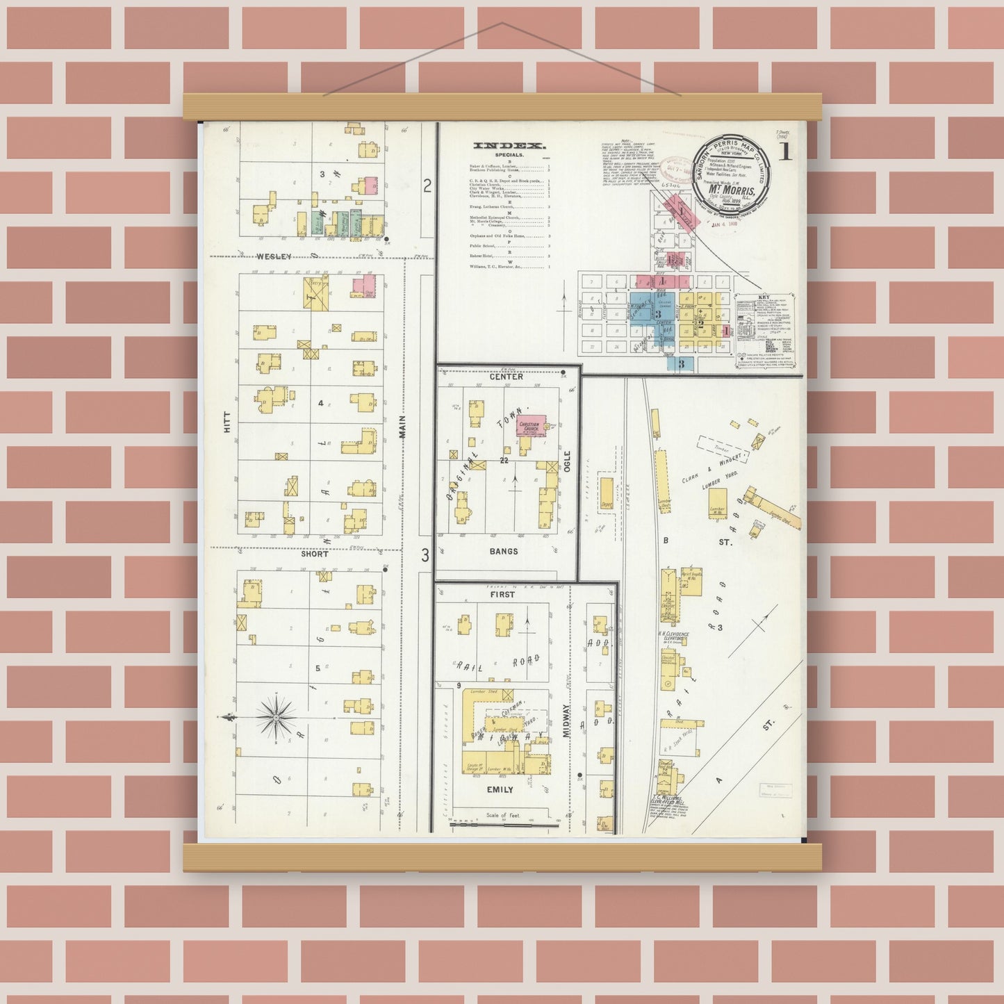 Old map wall art mockup — magnetic wood frame on brick wall — Sanborn Fire Insurance Map from Mount Morris, Ogle County, Illinois (1893), Sheet #0001