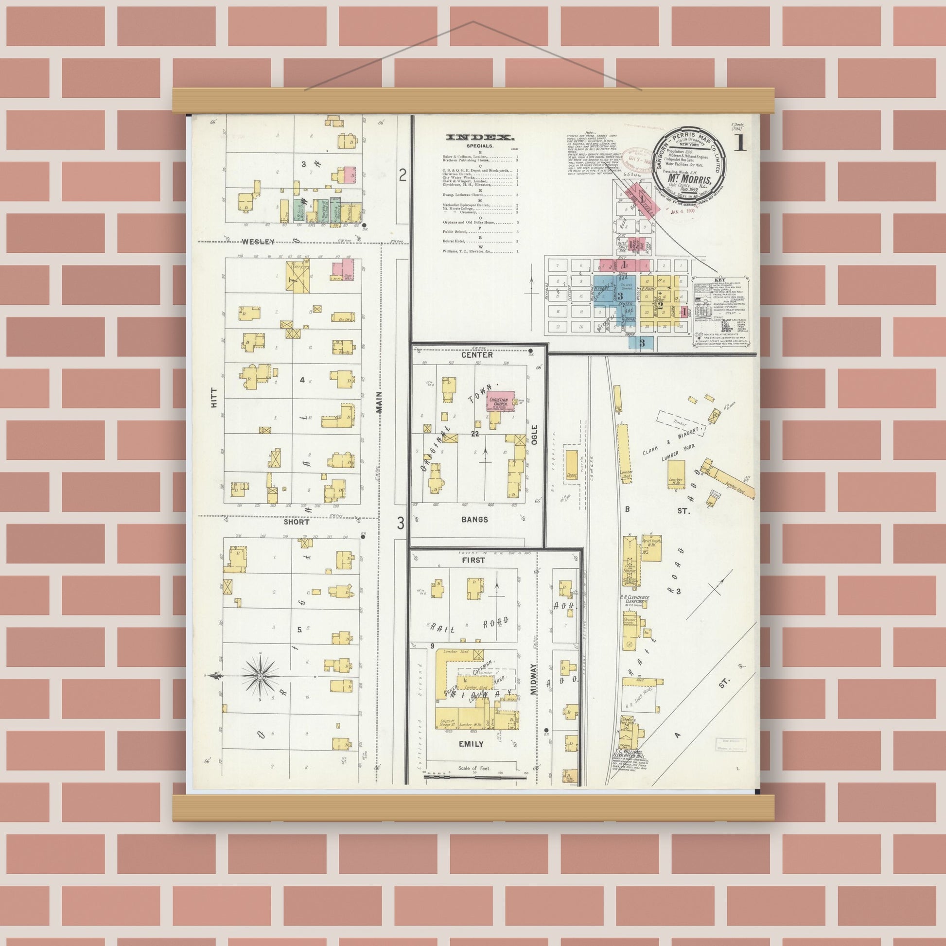 Old map wall art mockup — magnetic wood frame on brick wall — Sanborn Fire Insurance Map from Mount Morris, Ogle County, Illinois (1893), Sheet #0001