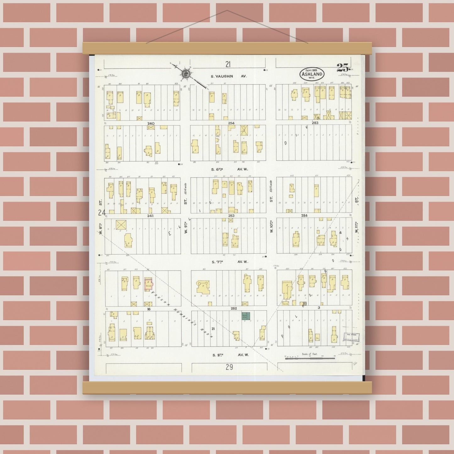 Old map wall art mockup — magnetic wood frame on brick wall — Sanborn Fire Insurance Map from Ashland, Ashland County, Wisconsin (1909), Sheet #0025
