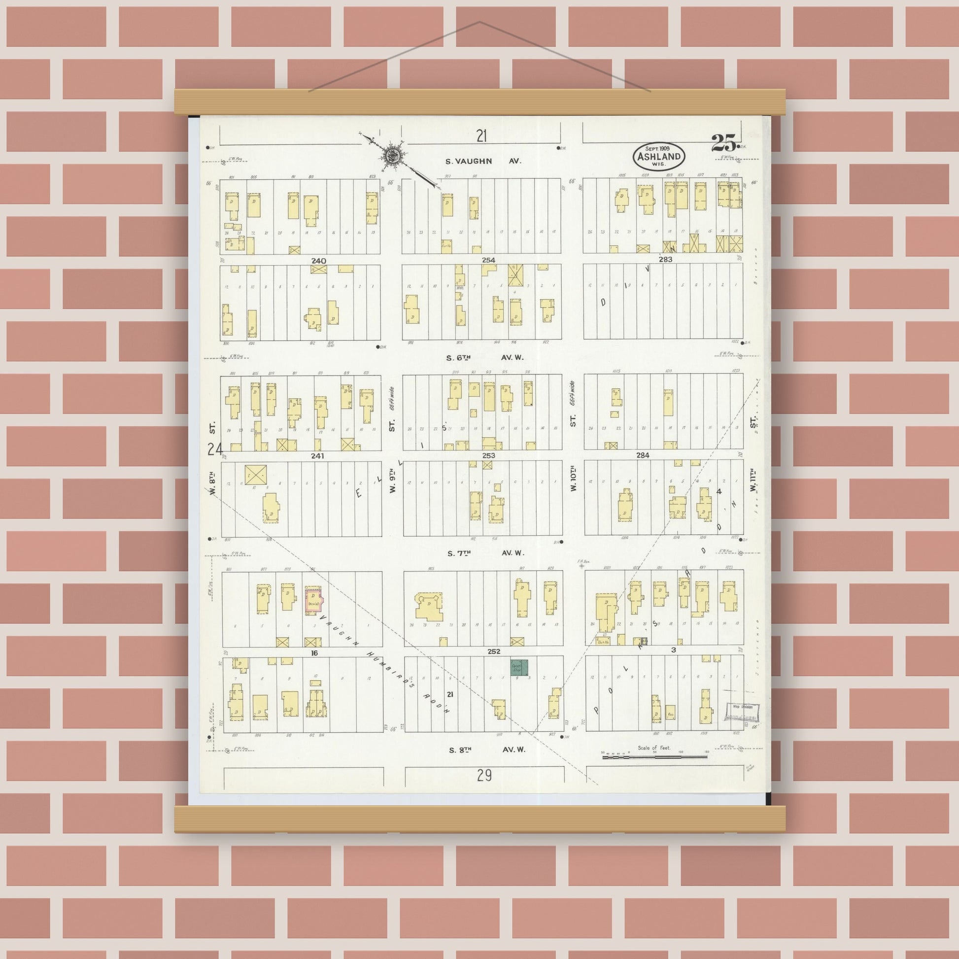 Old map wall art mockup — magnetic wood frame on brick wall — Sanborn Fire Insurance Map from Ashland, Ashland County, Wisconsin (1909), Sheet #0025