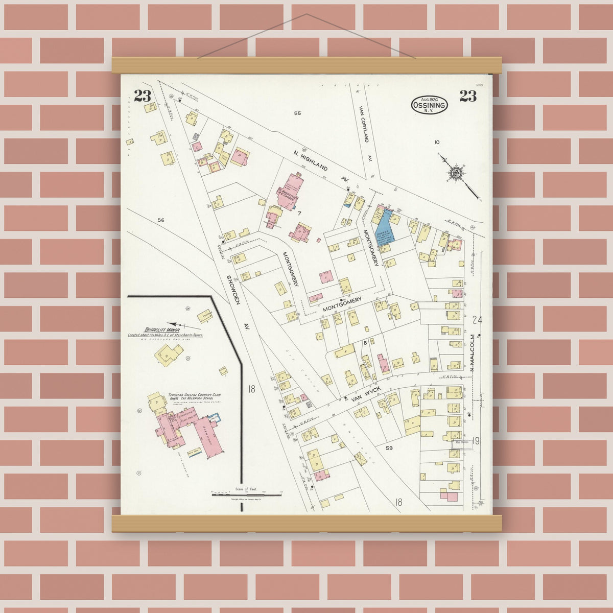 Old map wall art mockup — magnetic wood frame on brick wall — Sanborn Fire Insurance Map from Ossining, Westchester County, New York (1924), Sheet #0023