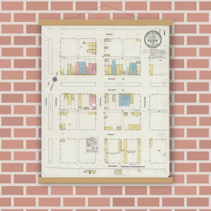 Old map wall art mockup — magnetic wood frame on brick wall — Sanborn Fire Insurance Map from Rotan, Fisher County, Texas (1911), Sheet #0001