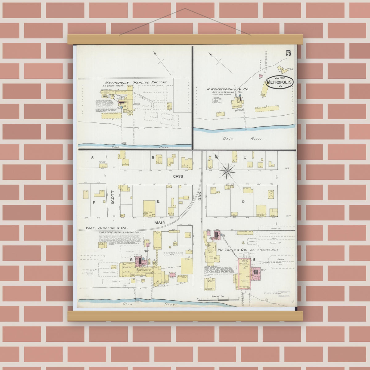 Old map wall art mockup — magnetic wood frame on brick wall — Sanborn Fire Insurance Map from Metropolis, Massac County, Illinois (1892), Sheet #0005