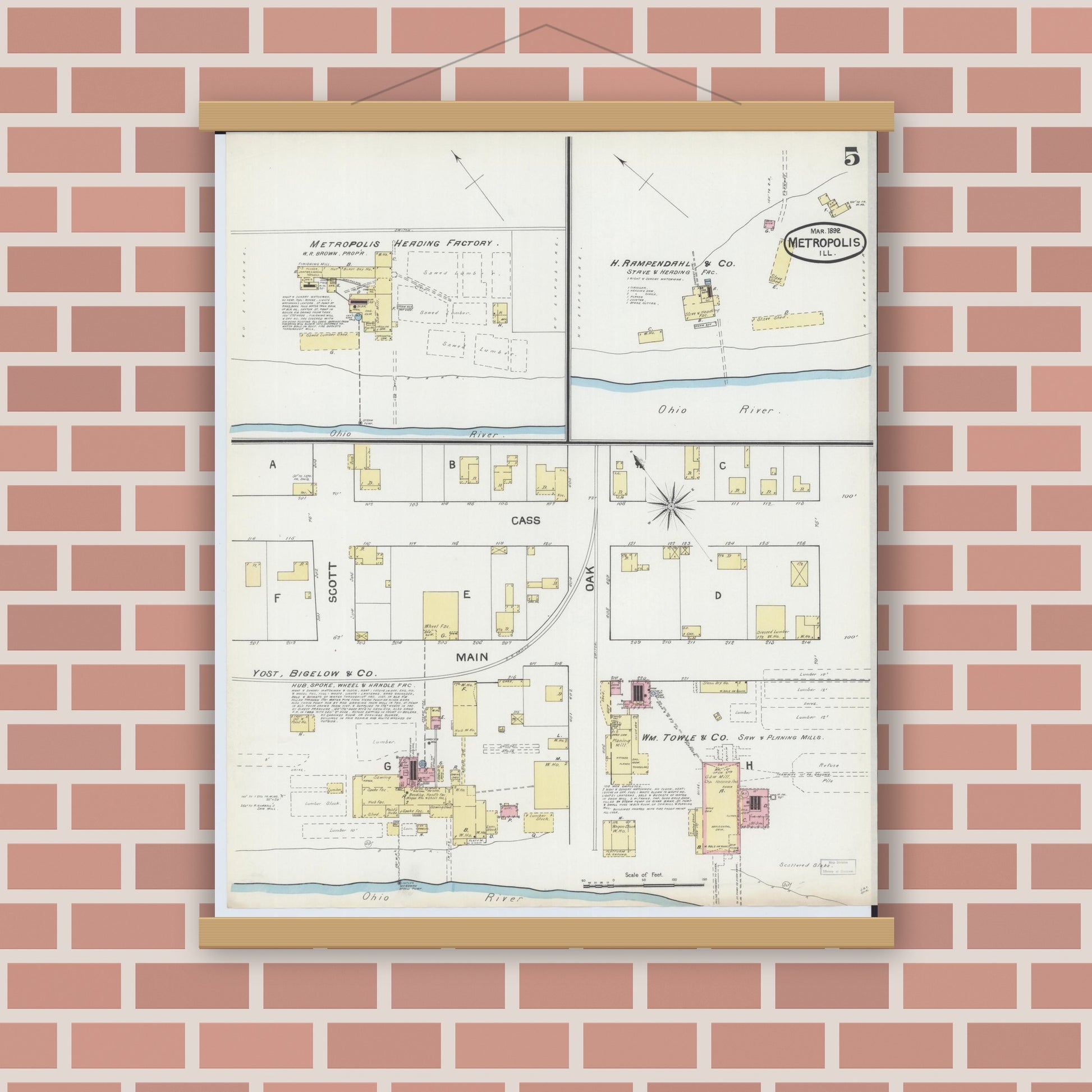 Old map wall art mockup — magnetic wood frame on brick wall — Sanborn Fire Insurance Map from Metropolis, Massac County, Illinois (1892), Sheet #0005