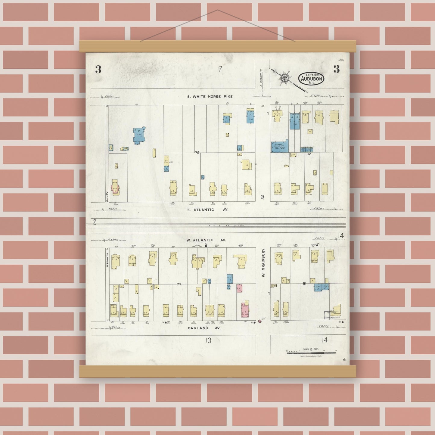 Old map wall art mockup — magnetic wood frame on brick wall — Sanborn Fire Insurance Map from Audubon, Camden County, New Jersey (1924), Sheet #0003