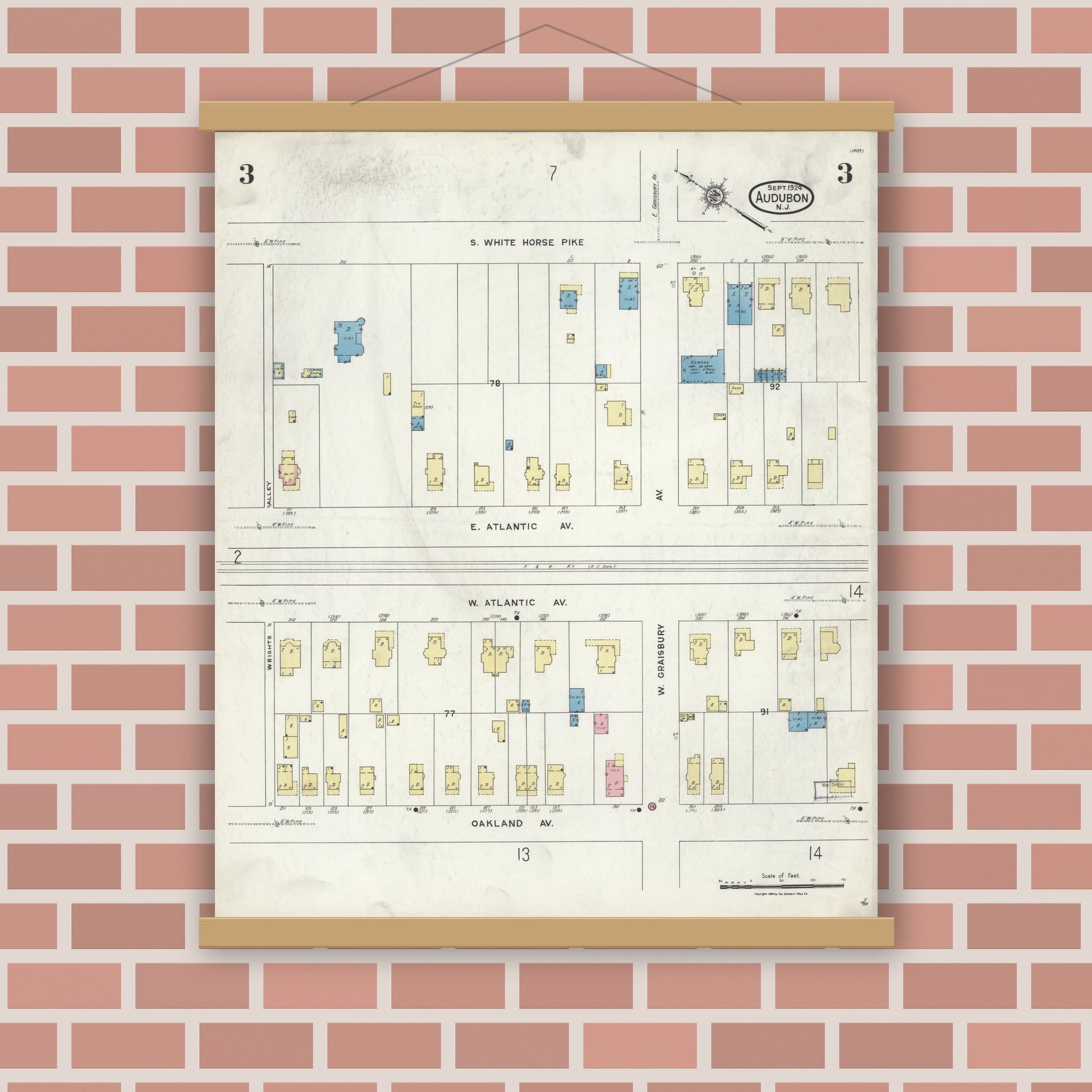Old map wall art mockup — magnetic wood frame on brick wall — Sanborn Fire Insurance Map from Audubon, Camden County, New Jersey (1924), Sheet #0003