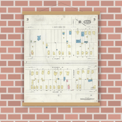 Old map wall art mockup — magnetic wood frame on brick wall — Sanborn Fire Insurance Map from Audubon, Camden County, New Jersey (1924), Sheet #0003