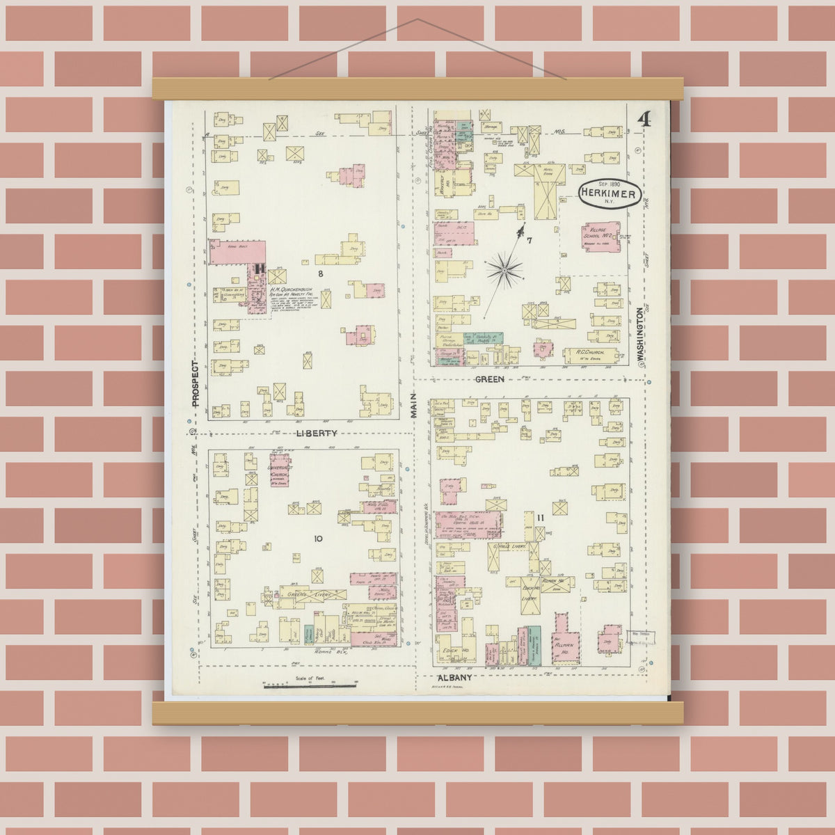 Old map wall art mockup — magnetic wood frame on brick wall — Sanborn Fire Insurance Map from Herkimer, Herkimer County, New York (1890), Sheet #0004