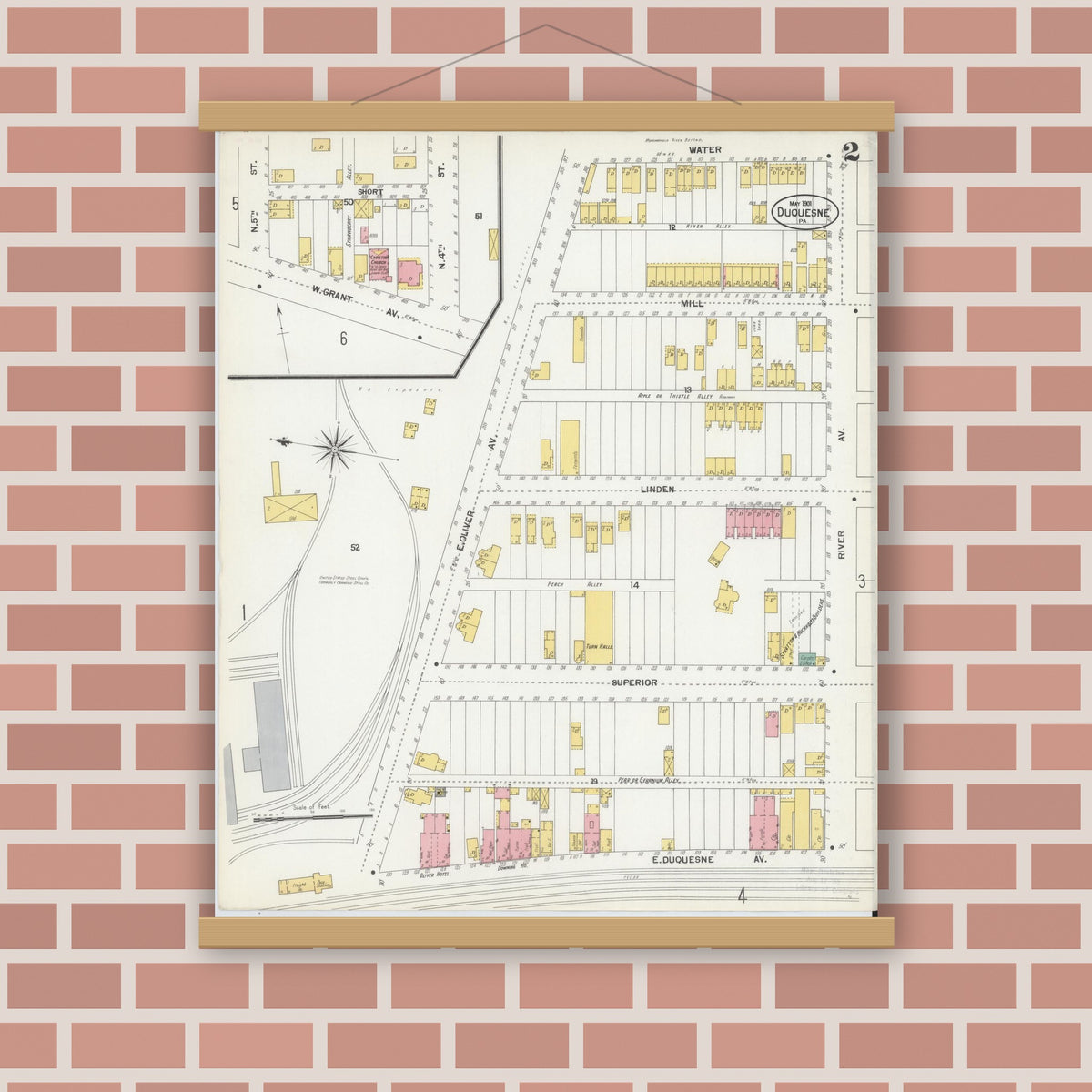 Old map wall art mockup — magnetic wood frame on brick wall — Sanborn Fire Insurance Map from Duquesne, Allegheny County, Pennsylvania (1901), Sheet #0002