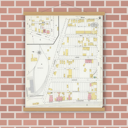 Old map wall art mockup — magnetic wood frame on brick wall — Sanborn Fire Insurance Map from Duquesne, Allegheny County, Pennsylvania (1901), Sheet #0002
