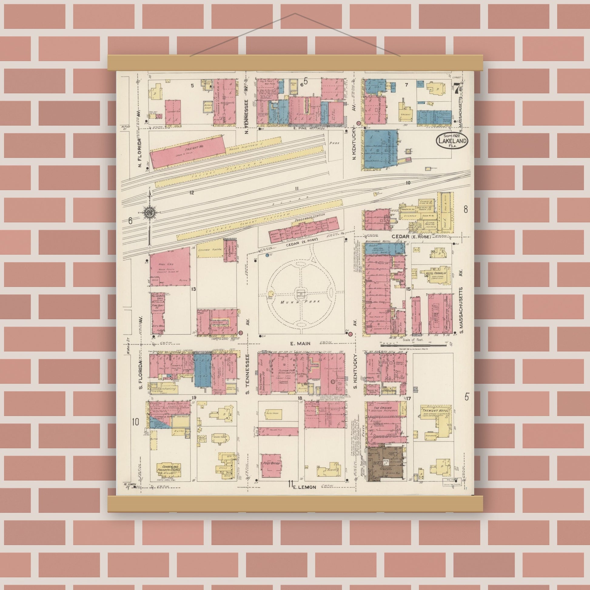 Old map wall art mockup — magnetic wood frame on brick wall — Sanborn Fire Insurance Map from Lakeland, Polk County, Florida (1922), Sheet #0007
