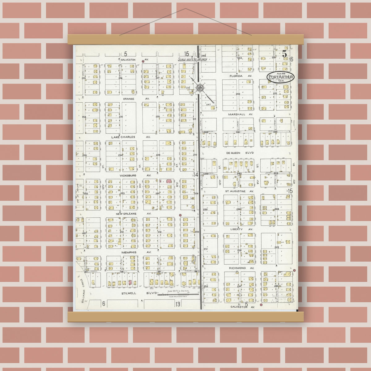 Old map wall art mockup — magnetic wood frame on brick wall — Sanborn Fire Insurance Map from Port Arthur, Jefferson County, Texas (1918), Sheet #0005
