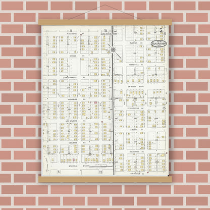 Old map wall art mockup — magnetic wood frame on brick wall — Sanborn Fire Insurance Map from Port Arthur, Jefferson County, Texas (1918), Sheet #0005