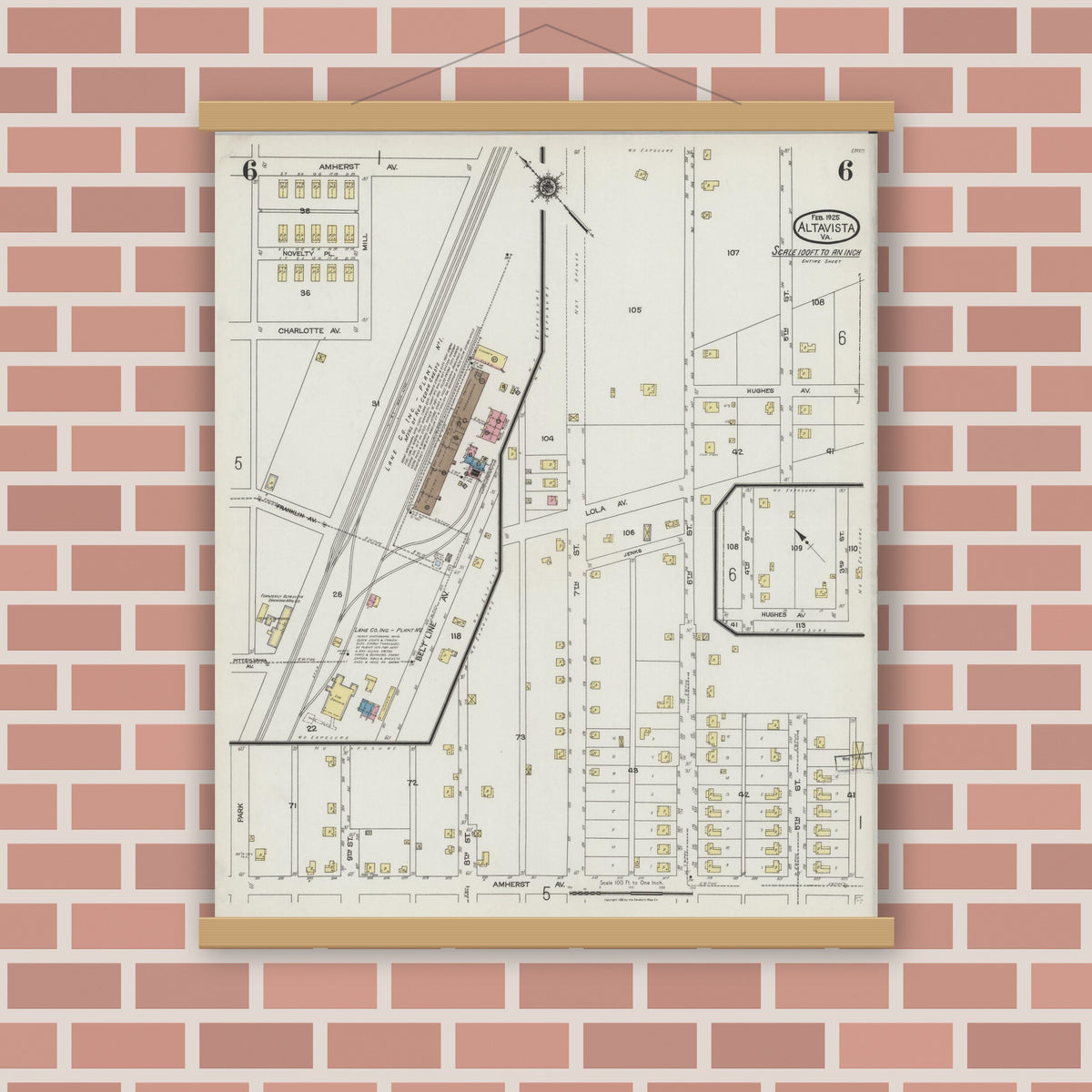 Old map wall art mockup — magnetic wood frame on brick wall — Sanborn Fire Insurance Map from Altavista, Campbell County, Virginia (1925), Sheet #0006