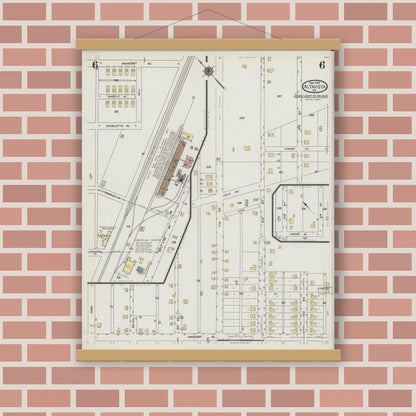 Old map wall art mockup — magnetic wood frame on brick wall — Sanborn Fire Insurance Map from Altavista, Campbell County, Virginia (1925), Sheet #0006