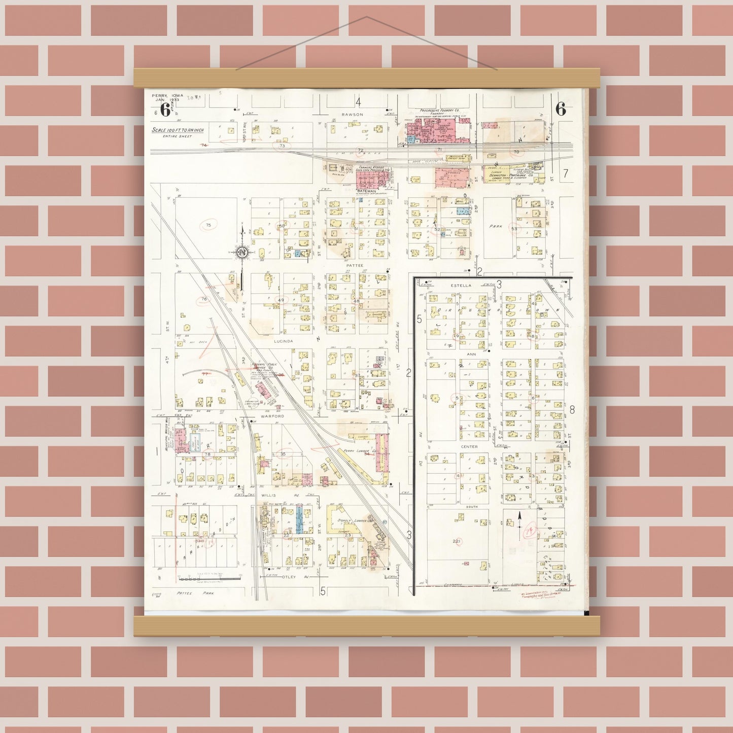 Old map wall art mockup — magnetic wood frame on brick wall — Sanborn Fire Insurance Map from Perry, Dallas County, Iowa (1947), Sheet #0006
