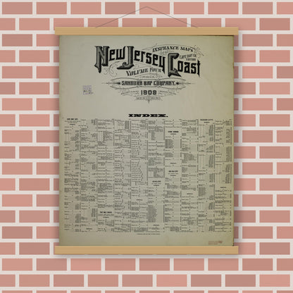 Old map wall art mockup — magnetic wood frame on brick wall — Sanborn Fire Insurance Map from New Jersey Coast, New Jersey Coast, New Jersey (1909), Sheet #0001